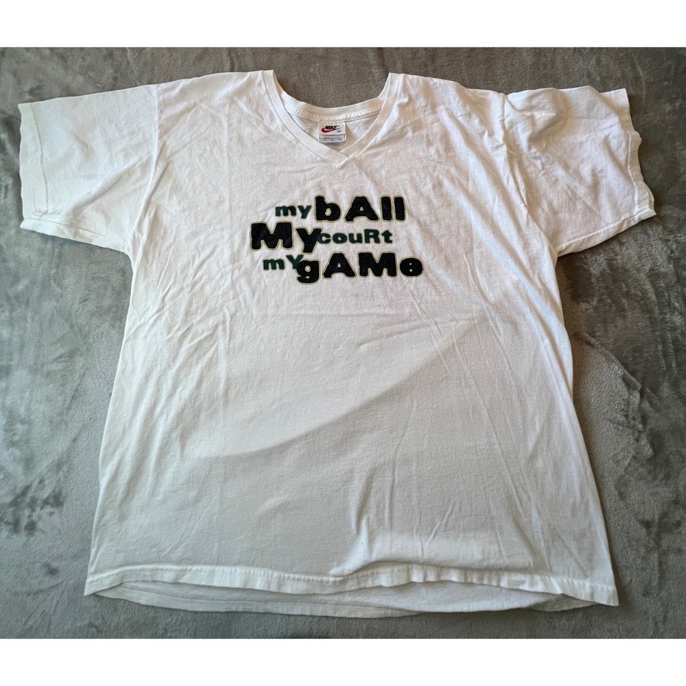 Nike Graphic T-Shirt Mens XL White My Ball My Court My Game V-Neck Vintage